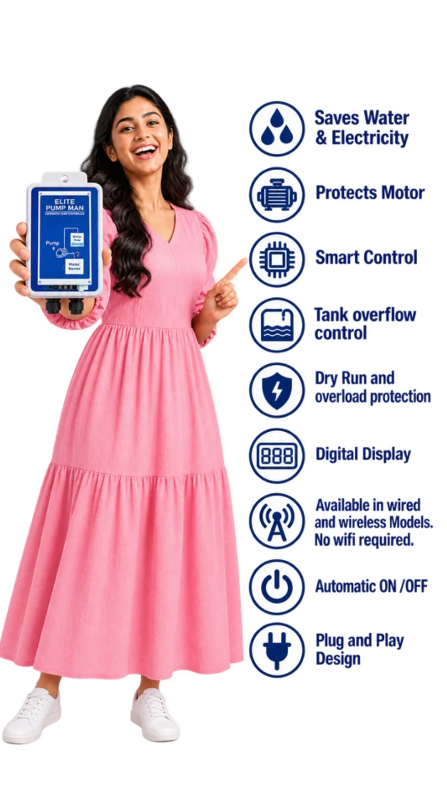 Woman holding an ELITE PUMPMAN automatic water level controller